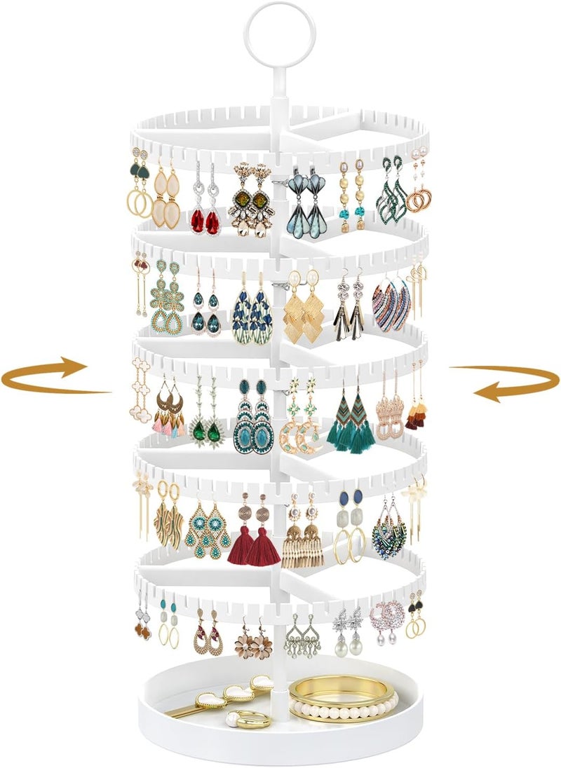 MODOWEY 5 Tier Rotating Earring Holder Organizer Display Tree with Metal Tray, Adjustable Plastic Stand with 285 Slots for Stud Hoop Hanger, Large Capacity Storage Rack for Women Space Saving, White - Image 1